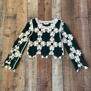 Vintage Rebellion Crocheted Floral Lace Cropped Top - Green & White - Womens S